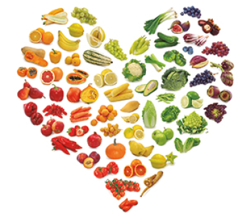 Rainbow heart of fruits and vegetables