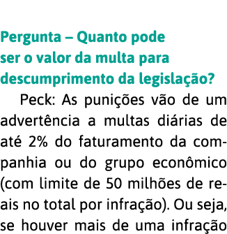  Pergunta   Quanto pode ser o valor da multa para descumprimento da legisla  o  Peck: As puni  es v o de um advert nc   