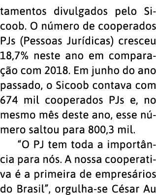 tamentos divulgados pelo Sicoob  O n mero de cooperados PJs (Pessoas Jur dicas) cresceu 18,7% neste ano em compara  o   