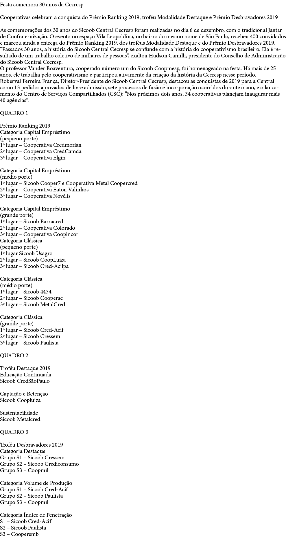 Festa comemora 30 anos da Cecresp  Cooperativas celebram a conquista do Pr mio Ranking 2019, trof u Modalidade Destaq   