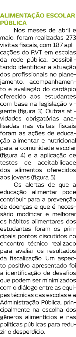 Alimenta  o Escolar P blica Nos meses de abril e maio  foram realizadas 273 visitas fiscais  com 187 aplica  es do R   