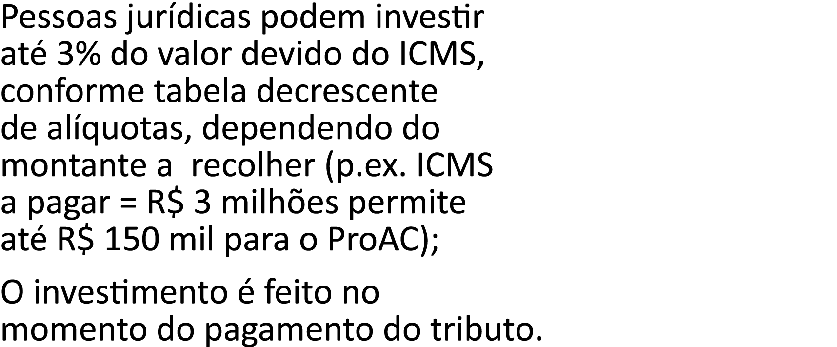 Pessoas jur dicas podem investir at  3% do valor devido do ICMS, conforme tabela decrescente de al quotas, dependendo   