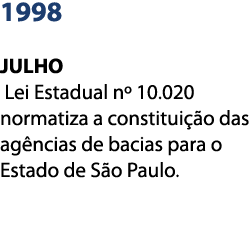 1998  JULHO  Lei Estadual n  10 020 normatiza a constitui  o das ag ncias de bacias para o Estado de S o Paulo  