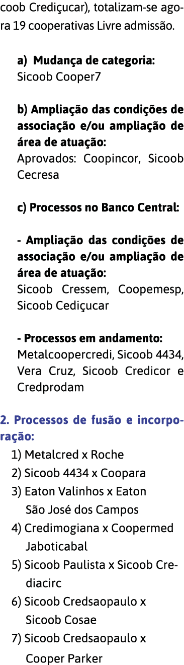 coob Credi ucar), totalizam-se agora 19 cooperativas Livre admiss o  a) Mudan a de categoria: Sicoob Cooper7 b) Ampli   