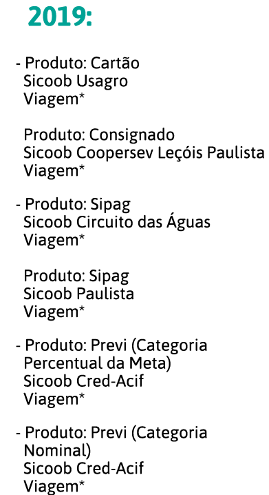  2019: - Produto: Cart o Sicoob Usagro Viagem* Produto: Consignado Sicoob Coopersev Le  is Paulista Viagem* - Produto   