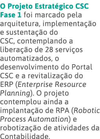 O Projeto Estratégico CSC Fase 1 foi marcado pela arquitetura, implementação e sustentação do CSC, contemplando a lib   