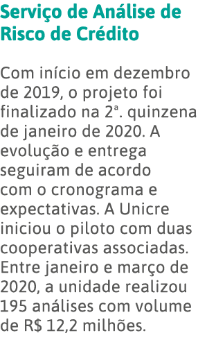 Serviço de Análise de Risco de Crédito Com início em dezembro de 2019, o projeto foi finalizado na 2   quinzena de ja   