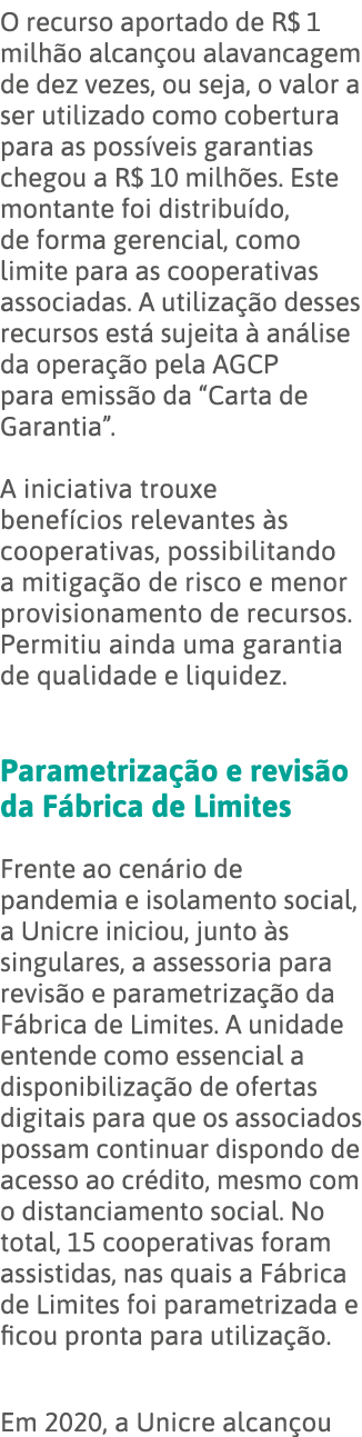 O recurso aportado de R  1 milhão alcançou alavancagem de dez vezes, ou seja, o valor a ser utilizado como cobertura    