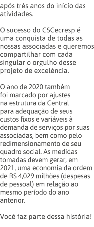 após três anos do início das atividades   O sucesso do CSCecresp é uma conquista de todas as nossas associadas e quer   