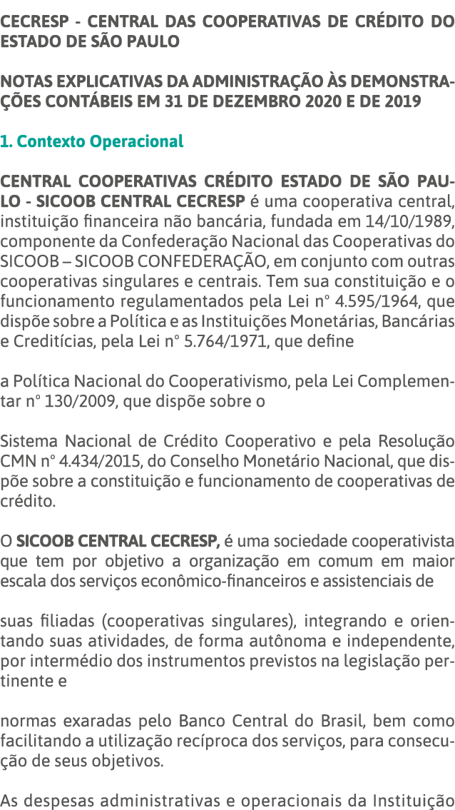 CECRESP - CENTRAL DAS COOPERATIVAS DE CRÉDITO DO ESTADO DE SÃO PAULO NOTAS EXPLICATIVAS DA ADMINISTRAÇÃO ÀS DEMONSTRA   