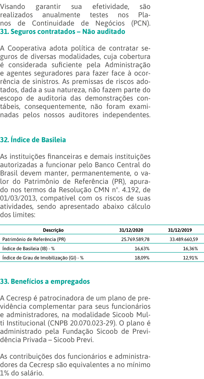 Visando garantir sua efetividade, são realizados anualmente testes nos Planos de Continuidade de Negócios (PCN)  31     
