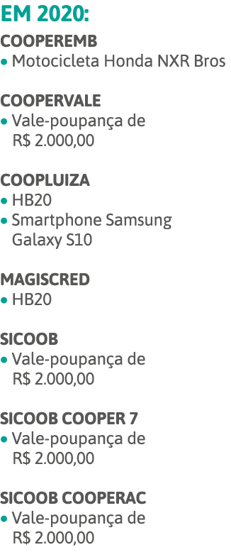 Em 2020: COOPEREMB   Motocicleta Honda NXR Bros COOPERVALE   Vale-poupança de R  2 000,00 COOPLUIZA   HB20   Smartpho   
