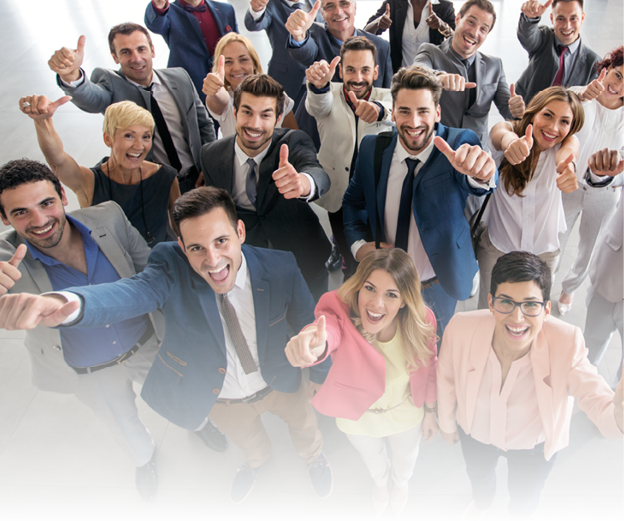 Portrait of thumb up smiling business people