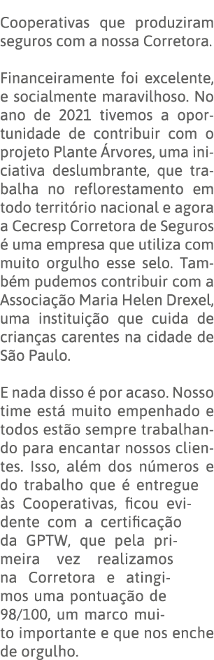 Cooperativas que produziram seguros com a nossa Corretora   Financeiramente foi excelente, e socialmente maravilhoso    