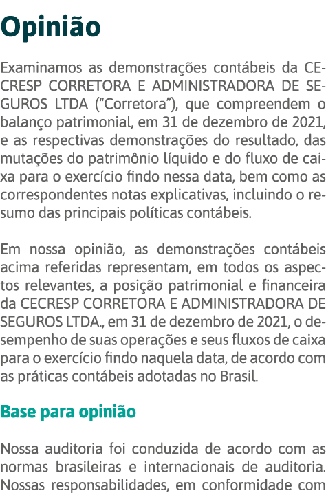 Opinião Examinamos as demonstrações contábeis da CECRESP CORRETORA E ADMINISTRADORA DE SEGUROS LTDA ( Corretora ), qu   