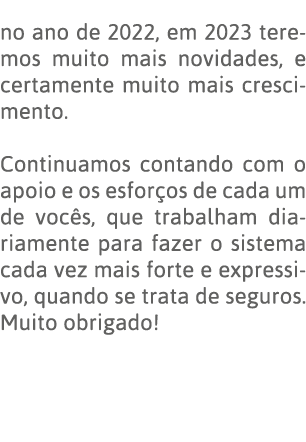 no ano de 2022, em 2023 teremos muito mais novidades, e certamente muito mais crescimento   Continuamos contando com    