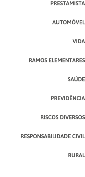 PRESTAMISTA AUTOMÓVEL VIDA RAMOS ELEMENTARES SAÚDE PREVIDÊNCIA RISCOS DIVERSOS RESPONSABILIDADE CIVIL RURAL 