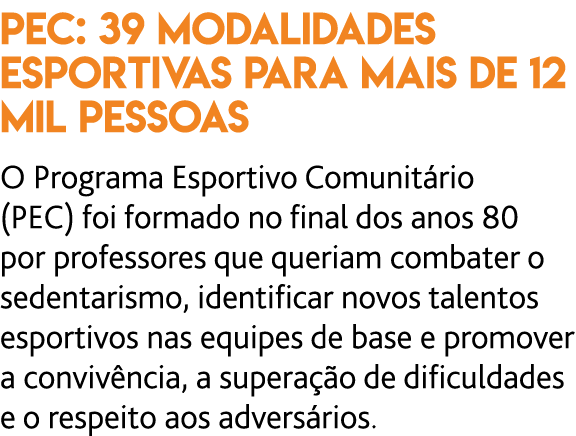 PEC: 39 modalidades esportivas para mais de 12 mil pessoas O Programa Esportivo Comunit rio (PEC) foi formado no fina   